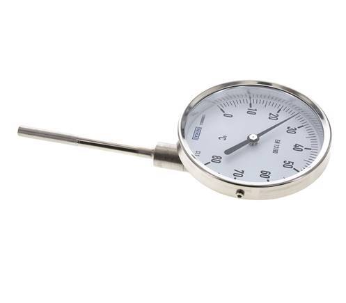 0 to +80°C Stainless Steel Bimetallic Thermometer 100mm Cabinet 100mm Stem Bottom