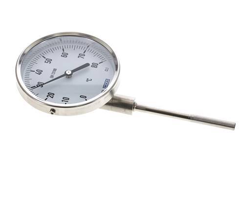 0 to +80°C Stainless Steel Bimetallic Thermometer 100mm Cabinet 100mm Stem Bottom