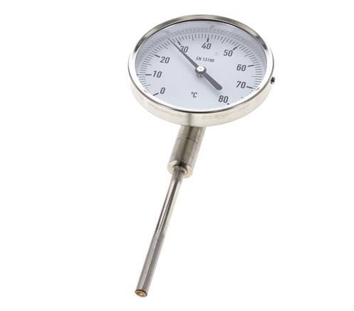 0 to +80°C Stainless Steel Bimetallic Thermometer 100mm Cabinet 100mm Stem Bottom